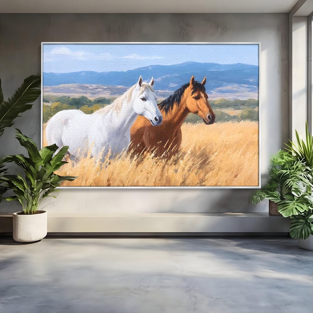 Tablou canvas cu tablou canvas cu doi cai in lan, in rama de aluminiu argintiu